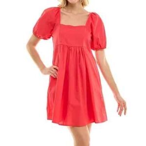 Draper James Square Neck Puff Sleeve Cotton Poplin Mini Dress in Hibiscus, EUC!